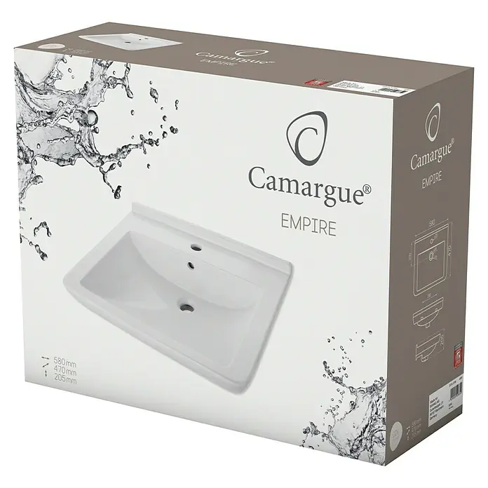Camargue Empire Waschtisch - 58 x 47 cm, Ohne Spezialglasur, Hahnloch: Mitte, Mit Überlauf, Weiß - Produktverpackung einer Camargue Empire Waschtischplatte mit Abmessungen und technischen Zeichnungen auf der Seite.