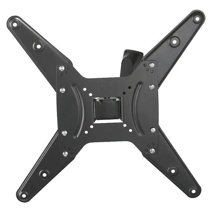 Soporte para televisor Giratorio - Televisores 32 - 65 pulgadas, 20 kg - Primer plano de un soporte de pared para TV negro ajustable con un diseño de cuatro brazos y agujeros de montaje.
