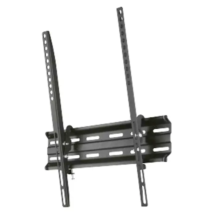 Hama Soporte de pared para TV Inclinable - Específico para: Diagonal de pantalla 32 - 65 pulgadas, Carga soportada: 35 kg - Vista del producto de un soporte de pared para TV inclinable hecho de metal negro con varios agujeros y ranuras para el montaje.
