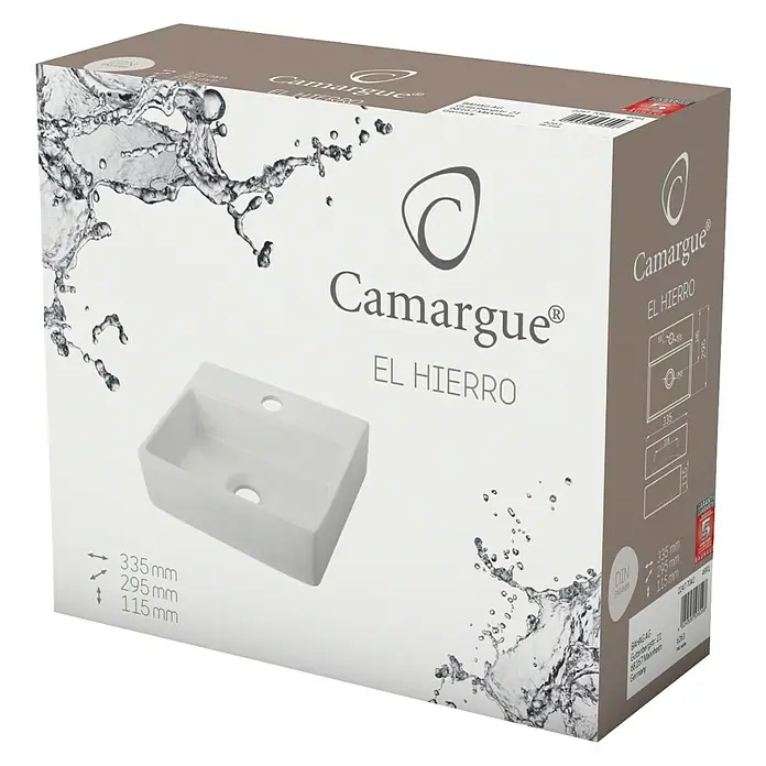 Camargue Waschbecken El Hierro - B x L: 33,5 x 29,5 cm, Ohne Spezialglasur, Hahnloch: Mitte, Ohne Überlauf, Weiß - Produktverpackung für Camargue El Hierro Waschbecken, Abmessungen 335x295x115mm, modernes Design mit Wasser-Motiv für stilvolle Badezimmer.