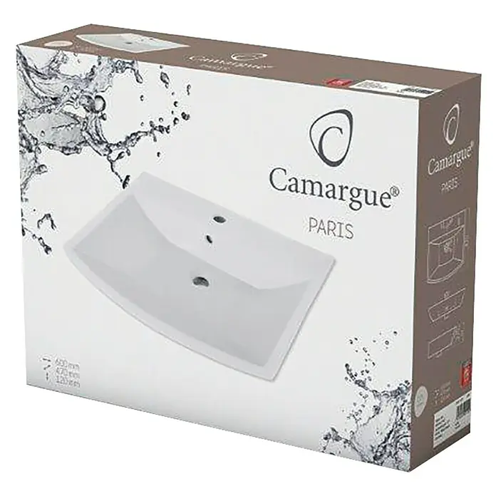 Camargue Paris Waschtisch - B x L: 60 x 47 cm, Ohne Spezialglasur, Hahnloch: Mitte, Weiß - Bild einer Camargue Paris Waschbeckenverpackung, die das elegante Design und die Pariser Eleganz des Produkts hervorhebt.