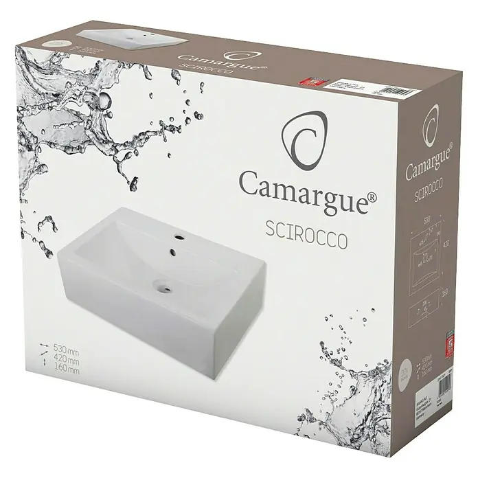 Camargue Waschtisch Scirocco - 53 x 42 cm, Ohne Spezialglasur, Hahnloch: Mitte, Mit Überlauf, Weiß - Produktbild der Camargue Scirocco Waschbeckenverpackung, die das elegante Design und die Abmessungen hervorhebt.