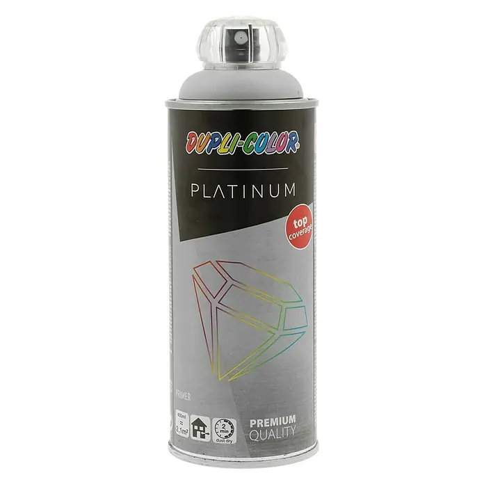 Dupli-Color Platinum Universalgrundierung - Grau, 400 ml - Eine Dose Dupli-Color Platinum Sprühfarbe, die für erstklassige Deckkraft und Premium-Qualität beim Grundieren steht.