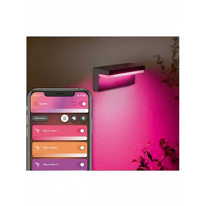 Philips Hue LED-Außenwandleuchte Nyro - 13,5 W, 25,4 x 88 x 10,1 cm, Schwarz, IP44 - Intelligente Außenleuchte mit Smartphone-Steuerung zur Anpassung der Lichtfarbe und Helligkeit für eine stimmungsvolle Atmosphäre.