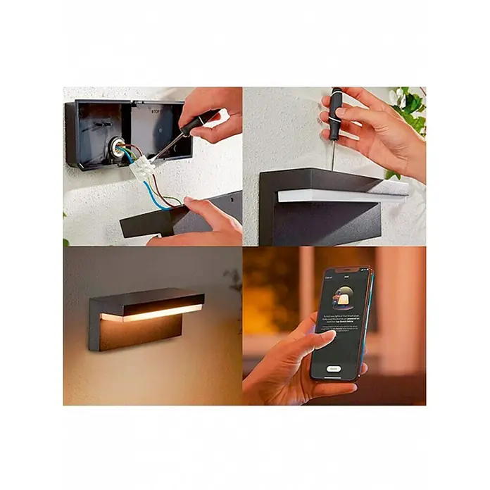 Philips Hue LED-Außenwandleuchte Nyro - 13,5 W, 25,4 x 88 x 10,1 cm, Schwarz, IP44 - Bild zeigt die Installation einer modernen Philips Hue Wandleuchte, die mit einem Smartphone gesteuert wird. Das Design ist schlicht und elegant, perfekt für den Außenbereich.