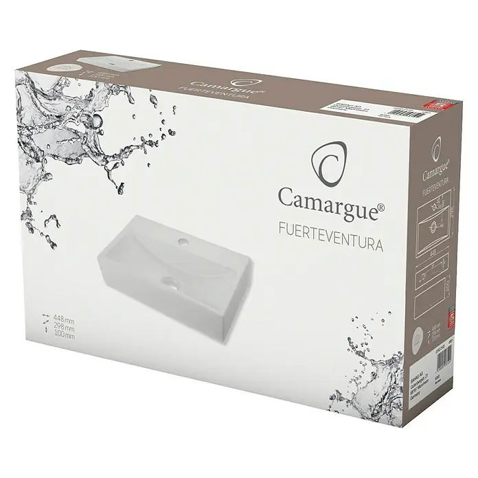 Camargue Waschbecken Fuerteventura - B x L: 44,8 x 29,8 cm, Ohne Spezialglasur, Hahnloch: Mitte, Ohne Überlauf, Weiß - Bild einer verpackten Camargue Fuerteventura Waschbecken, mit Fokus auf Design und Produktabmessungen auf der Verpackung.