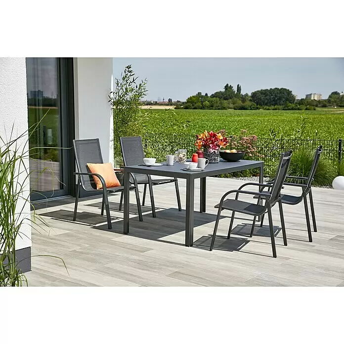 Gartenmöbel-Set Maja - 5 -tlg., Glas/Textilen/Aluminium, Anthrazit, Gartenstuhl stapelbar - Stimmungsaufnahme