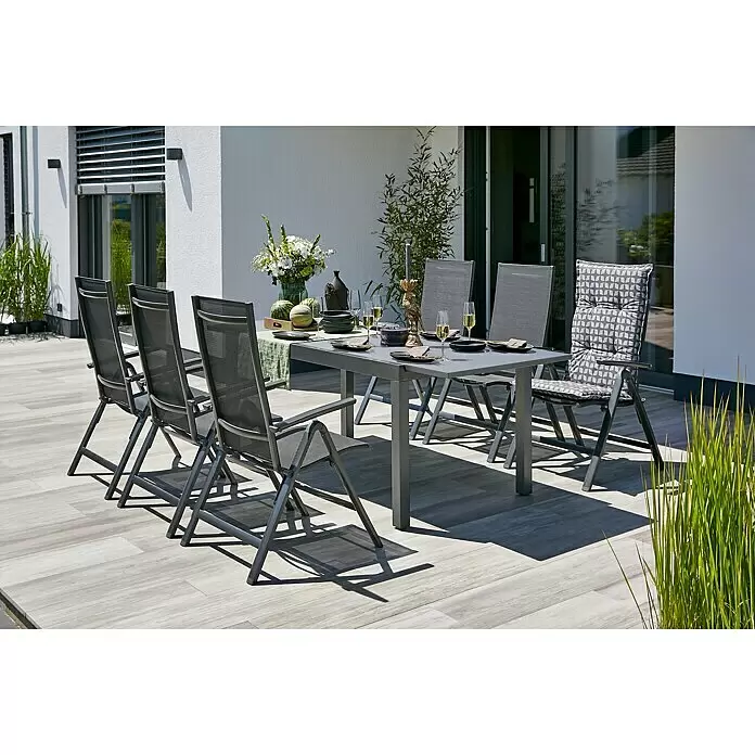 Gartenmöbel-Set Maja II - 7 -tlg., Glas/Textilen/Aluminium, Anthrazit, Tischplatte ausziehbar - Stimmungsaufnahme