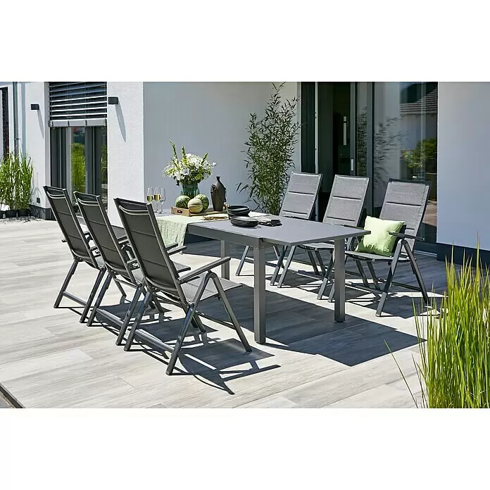 Sunfun Maja Gartentisch - L x B x H: 160 x 90 x 74 cm, Aluminium, Glas, Rechteckig, Night-Grey, Ausziehbar - Stimmungsaufnahme