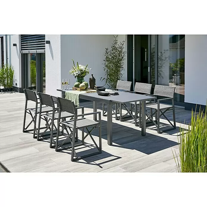 Gartenmöbel-Set Maja IV - 7 -tlg., Glas/Textilen/Aluminium, Anthrazit, Tischplatte ausziehbar - Stimmungsaufnahme