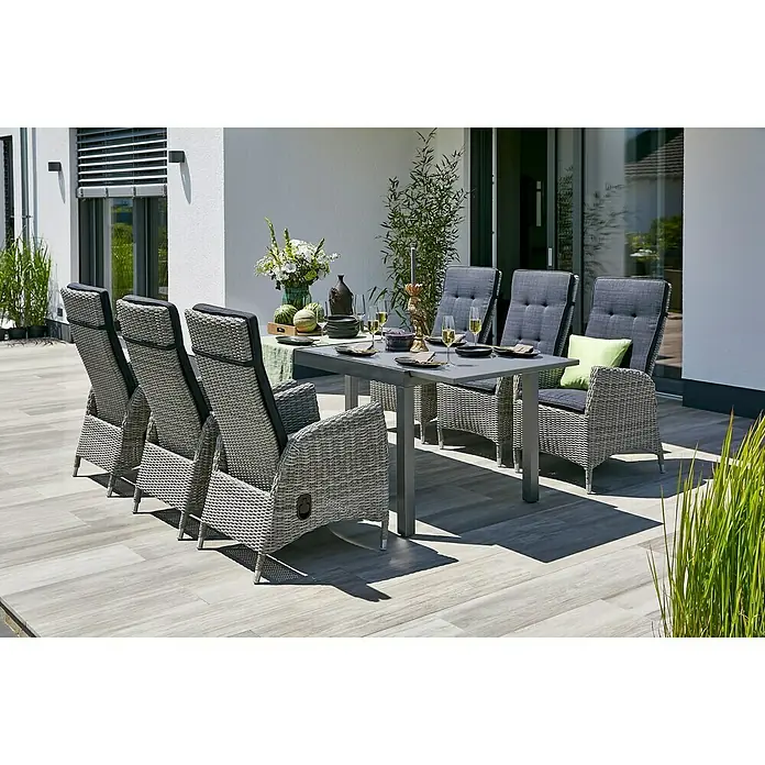Sunfun Maja Gartentisch - L x B x H: 160 x 90 x 74 cm, Aluminium, Glas, Rechteckig, Night-Grey, Ausziehbar - Stilvolles Gartenset mit Esstisch und sechs Sesseln aus grauem Rattan mit grauen Polstern für ein komfortables Essen im Freien.