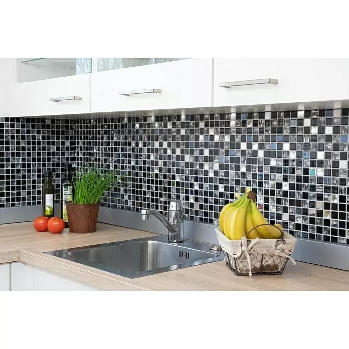 Mosaikfliese Quadrat Crystal Mix CM 426 - 30 x 30 cm, Schwarz/Silber, Glänzend - Stimmungsaufnahme
