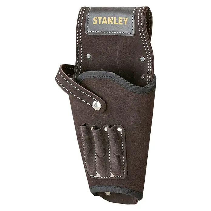 Stanley Soporte portaherramientas STST1-80118 - Específico para: Taladros, Piel de búfalo - Soporte de martillo de cuero Stanley, ideal para artesanos, con costuras reforzadas y bolsillos prácticos para mayor comodidad.