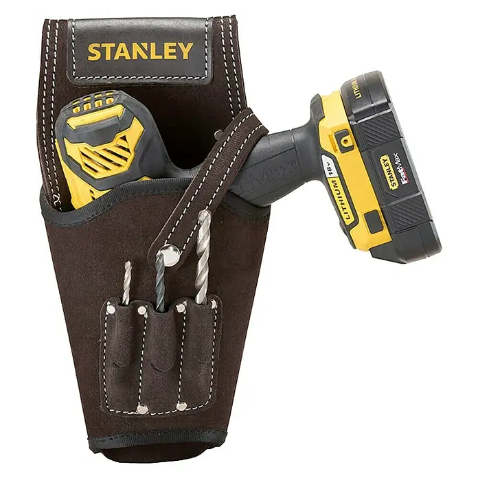 Stanley Soporte portaherramientas STST1-80118 - Específico para: Taladros, Piel de búfalo - Soporte de herramientas de cuero Stanley con taladro y brocas, ideal para profesionales. Diseño duradero con compartimentos.
