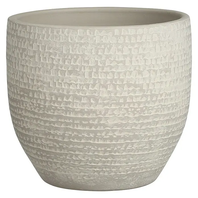 Mica Decorations Cubremaceta redondo Carrie - Dimensiones externas (Ø x Al): 20 x 18 cm, Gris claro, Materiales naturales - Primer plano de una maceta texturizada de color crema que muestra un diseño elegante y sutil para plantas de interior.