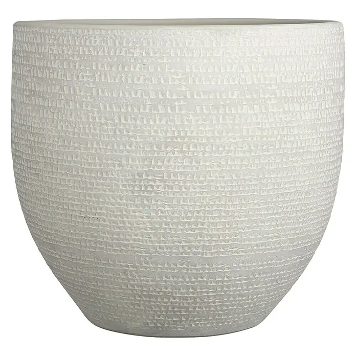 Mica Decorations Cubremaceta redondo Carrie - Dimensiones externas (Ø x Al): 39 x 36 cm, Gris, Materiales naturales - Primer plano de una maceta blanca con textura.