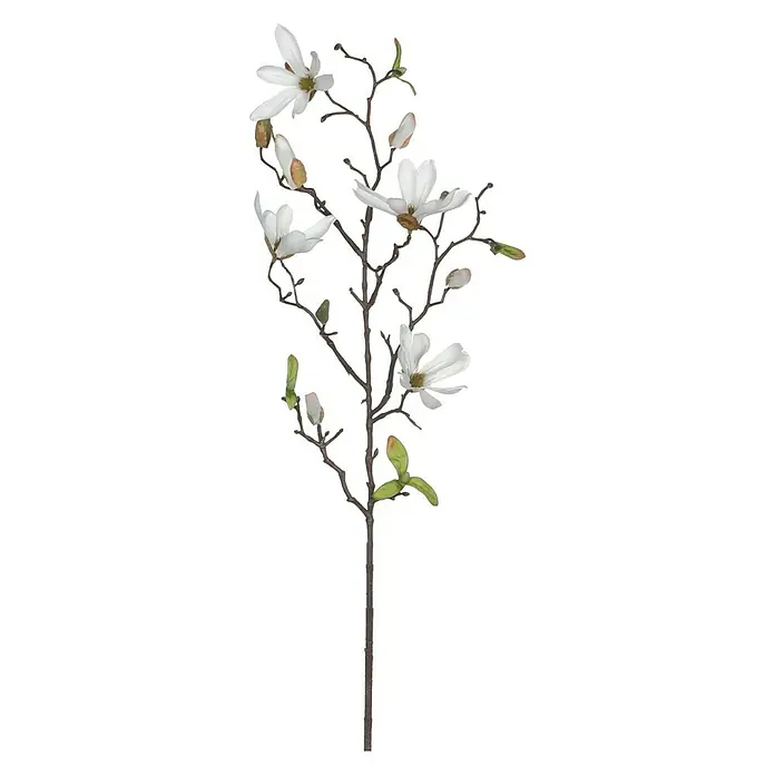 Flor artificial Magnolia - Altura: 75 cm, Blanca, Plástico - Rama de magnolia decorativa con delicadas flores y brotes, ideal para un diseño interior elegante y una decoración de mesa refinada.