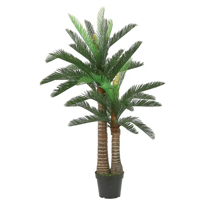 Planta artificial Cycas - 150 cm, Verde, Plástico - Una palmera artificial detallada con múltiples troncos y exuberantes hojas verdes, plantada en una maceta negra. Ideal para una decoración tropical.