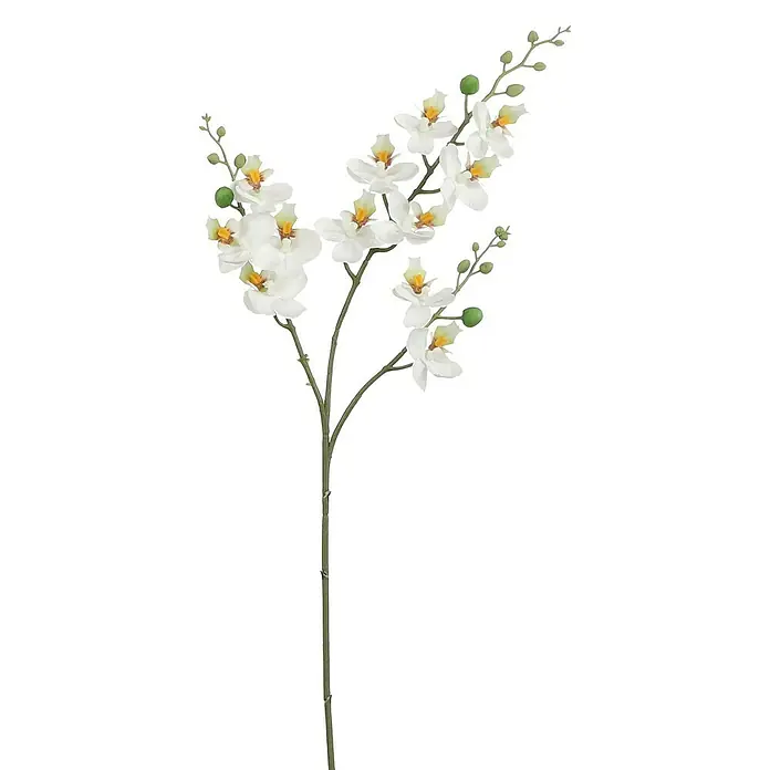 Planta artificial Orquídea - Altura: 75 cm, Blanca, Plástico - Primer plano de una rama de orquídea blanca artificial con flores delicadas y brotes verdes, ideal para la decoración del hogar.