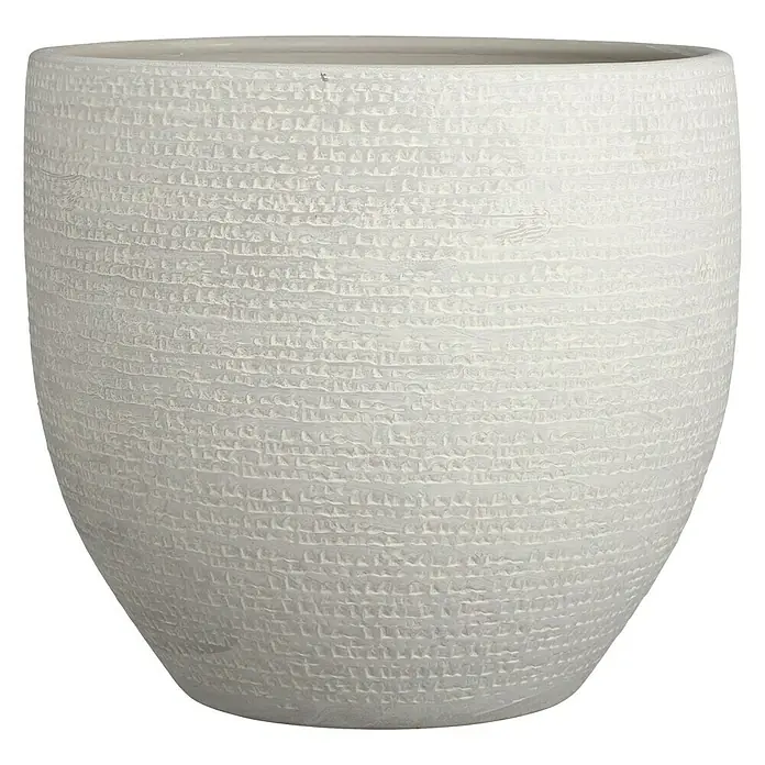 Mica Decorations Cubremaceta redondo Carrie - Dimensiones externas (Ø x Al): 35 x 32 cm, Gris, Materiales naturales - Primer plano de una maceta blanca texturizada, ideal para plantas de interior y jardín.