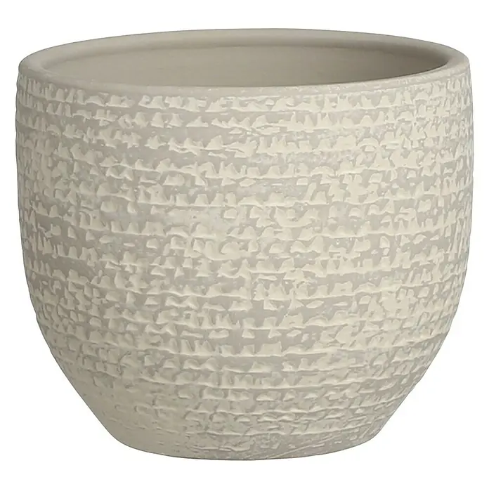 Mica Decorations Cubremaceta redondo Carrie - Dimensiones externas (Ø x Al): 14 x 12 cm, Gris claro, Materiales naturales - Primer plano de una maceta beige con un diseño de textura rústica.