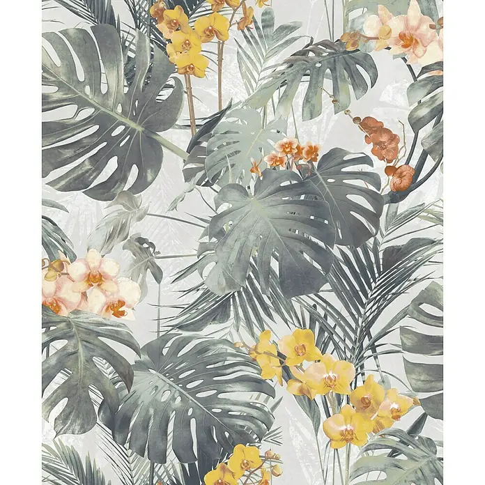 Papel pintado Vegetal flor - Amarillo/verde, 10 x 0,53 m - Un mural exuberante con hojas de monstera y orquídeas, creando un ambiente tropical y elegante.\n
