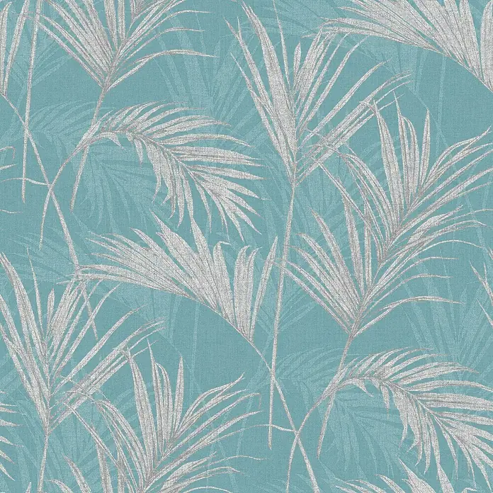 Dutch Wallcoverings Papel pintado de vellón Vegetal hoja - Azul, 10 x 0,53 m - Patrón sin costuras de hojas de palma plateadas sobre un fondo turquesa. Ideal para papel pintado y decoración.
