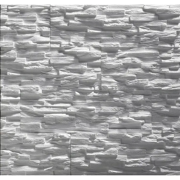 Panel de pared Benevento - 6 ud., 19 x 57 cm, Blanco - Imagen de un revestimiento de pared con piedras blancas texturizadas. La superficie irregular crea un interesante juego de luces y sombras.