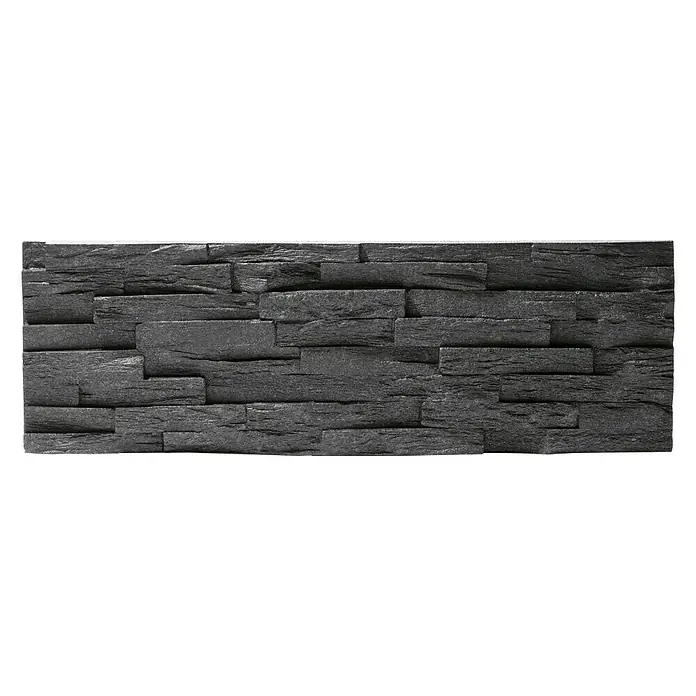 Panel de pared Benevento - 6 ud., 19 x 57 cm, Negro - Primer plano de un panel decorativo de pared en pizarra gris oscuro, con una textura irregular de piedra, ideal para interiores elegantes.