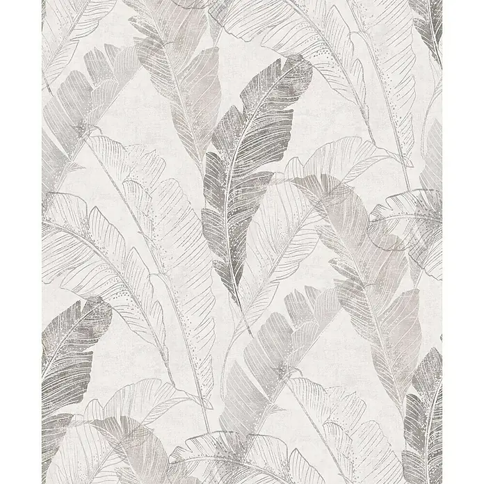 Papel pintado Vegetal hoja - Gris, 10 x 0,53 m - Elegante papel pintado con un diseño de hojas de plátano estilizadas en tonos grises y plateados, creando un ambiente moderno y sereno.