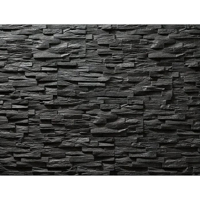 Panel de pared Benevento - 6 ud., 19 x 57 cm, Negro - Pared de piedra oscura con baldosas de pizarra horizontales apiladas irregularmente.