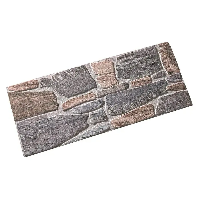 Panel de pared Ardennes - 120 x 50 cm - Un panel rectangular con un diseño de piedra en tonos grises, marrones y rosas, ideal para la decoración de paredes.