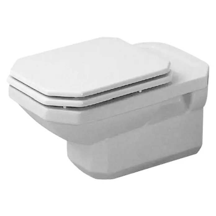 Duravit 1930 Wand-WC - Mit Spülrand, Ohne Spezialglasur, Spülform: Tief, WC Abgang: Waagerecht, Weiß - Hier ist eine Nahaufnahme einer wandmontierten Toilette in Weiß mit geschlossenem Deckel, die ein modernes und minimalistisches Design aufweist.