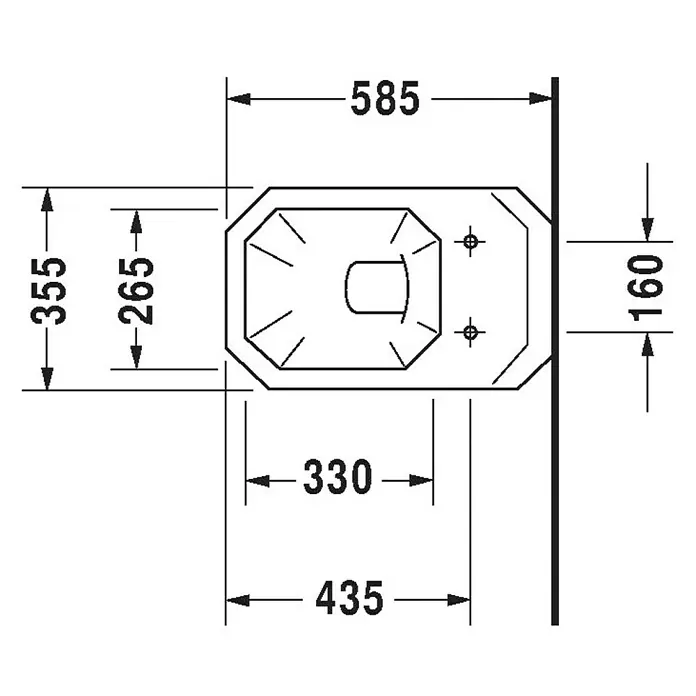 Duravit 1930 Wand-WC - Mit Spülrand, Ohne Spezialglasur, Spülform: Tief, WC Abgang: Waagerecht, Weiß - Technische Zeichnung einer Toilette mit Bemaßung für Installation und Design. Gesamtmaße und Details zur Wandbefestigung.