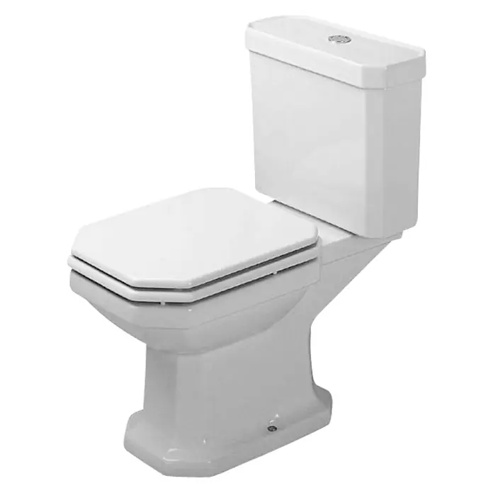 Duravit 1930 Stand-WC für Kombination - Mit Spülrand, Ohne Spezialglasur, Spülform: Tief, WC Abgang: Waagerecht, Weiß - Weisse Toilette mit geschlossenem Deckel und Spülkasten auf schwarzem Hintergrund, gut geeignet für Badezimmer- oder Sanitärprodukte.