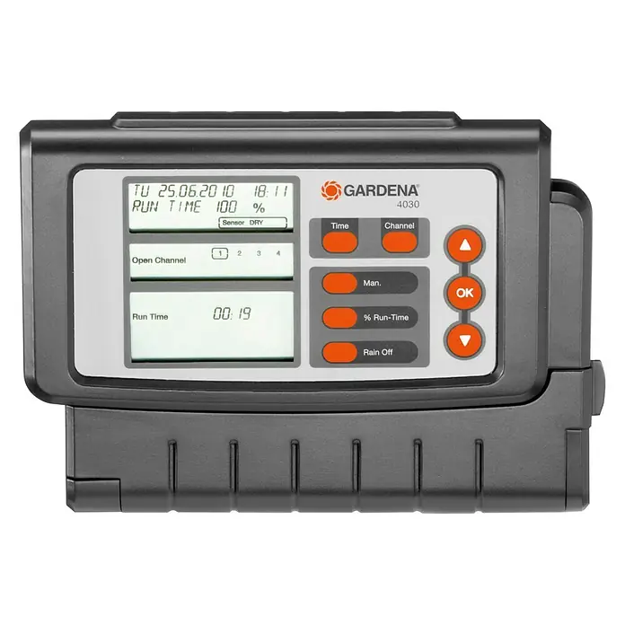 Gardena Sprinklersystem Bewässerungssteuerung Mehrkanalsteuerung - Bewässerungsdauer: 1 min - 4 h - Nahaufnahme des Gardena 4030 Bewässerungscomputers mit Display und Bedienelementen zur Gartenbewässerung.