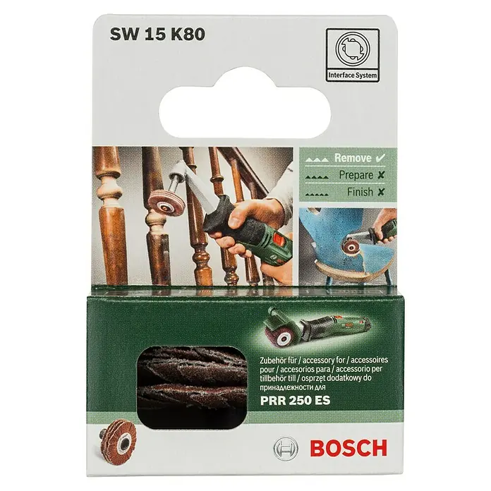 Bosch Schleifrolle flexibel - Körnung: 80, Breite: 15 mm - Das Bild zeigt das Zubehör-Set SW 15 K80 von Bosch, bestehend aus Schleifhülsen für den PRR 250 ES Schleifroller.