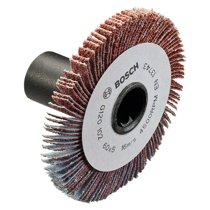 Bosch Lamellenschleifrolle - Körnung: 80, Breite: 5 mm - Schleifmop-Scheibe von Bosch für effizientes Schleifen und Polieren. Ideal für Metall- und Holzbearbeitung mit hoher Abtragsleistung.