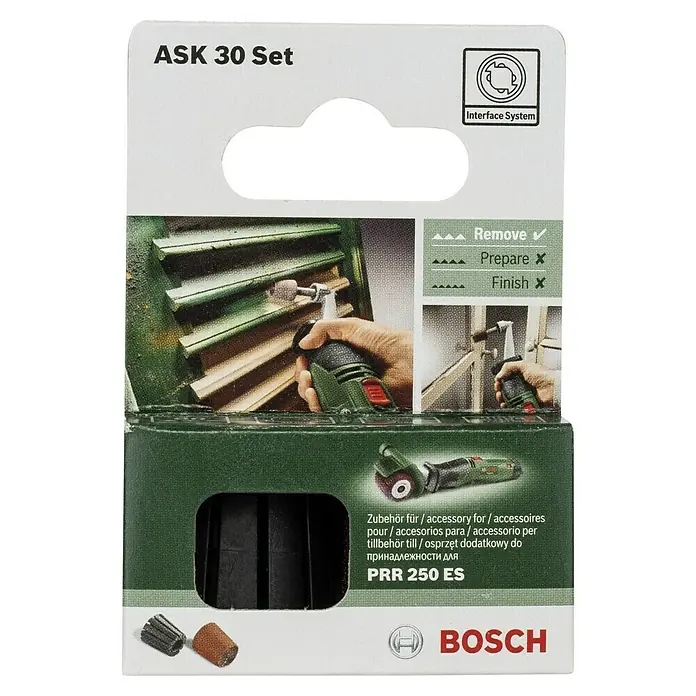 Bosch Vástago de alojamiento y lija circular - Grano: 80, Ancho: 30 mm - El paquete de accesorios Bosch ASK 30 Set para el PRR 250 ES incluye varios accesorios de lijado para aplicaciones versátiles.