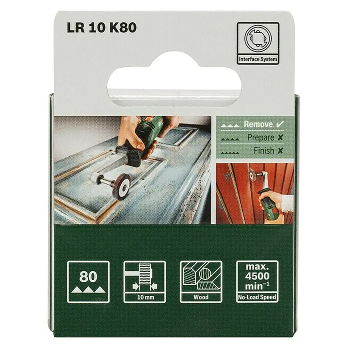 Bosch Lamellenschleifrolle - Körnung: 80, Breite: 10 mm - Verpackung für LR 10 K80 Schleifscheibe mit Details zu Körnung, Größe und Anwendungsbereich.