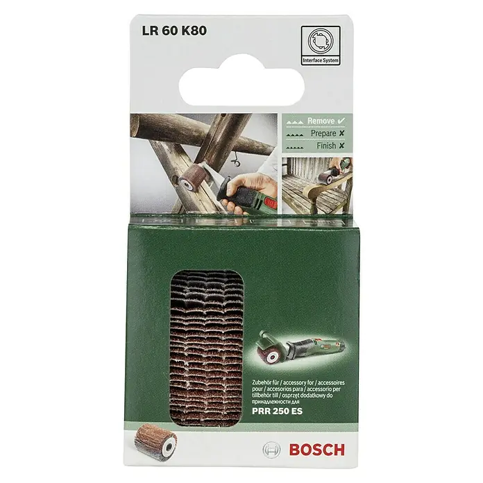 Bosch Lamellenschleifrolle - Körnung: 80, Breite: 60 mm - Abbildung der Bosch LR 60 K80 Schleifhülsen für den PRR 250 ES, ideal zum Entfernen von Lack und Farbe auf Holzoberflächen.