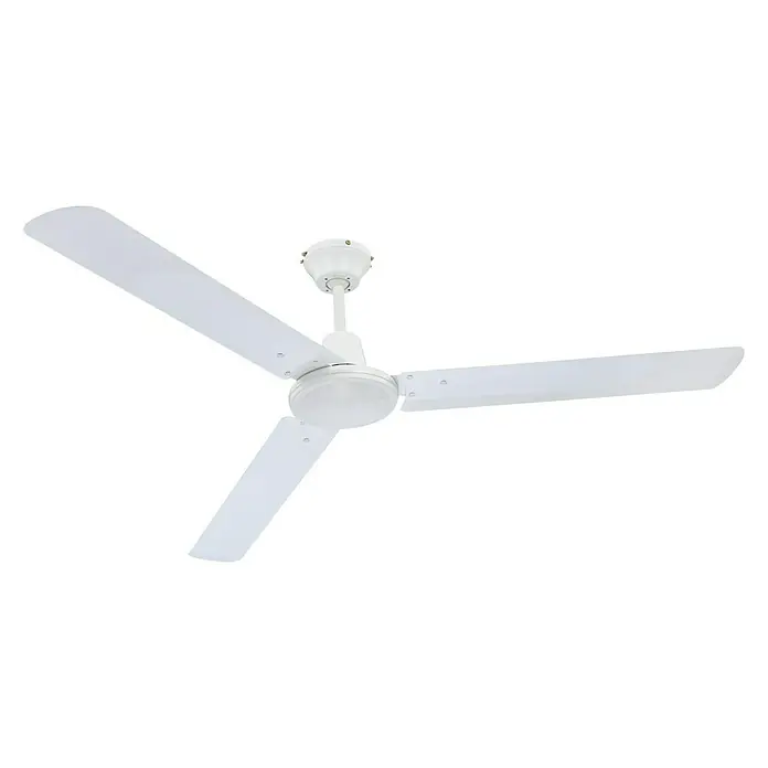 Globo Ventilador de techo Ferro - Blanco, 142 cm, 70 W - Un ventilador de techo blanco con tres aspas y una luz redonda en el centro, perfecto para la circulación del aire e iluminación.