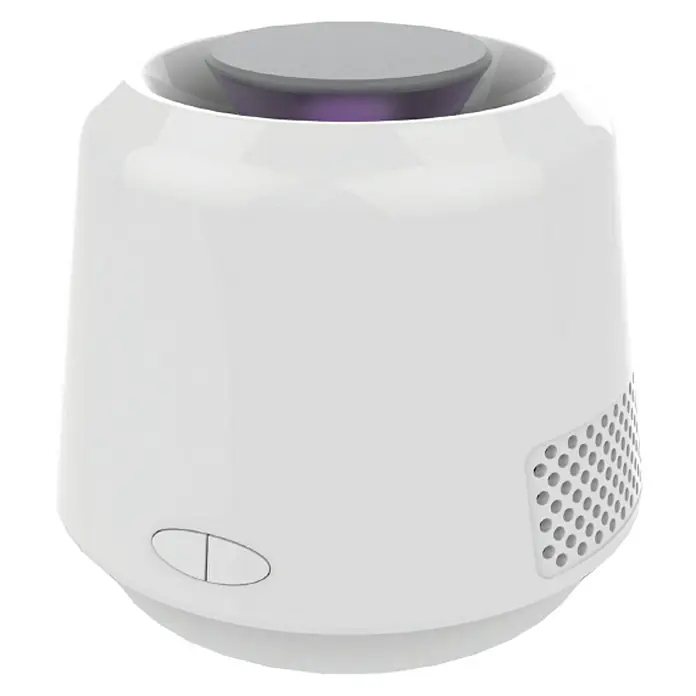 Coati Atrapainsectos con luz quitamiedos - 6 W - Primer plano de un matainsectos cilíndrico blanco con orificios de ventilación y una luz púrpura en la parte superior.