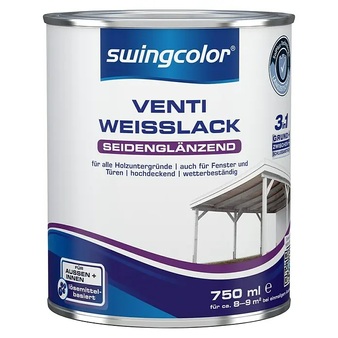 swingcolor Weißlack 3in1 - Weiß, Seidenglänzend, 750 ml, Lösemittelbasiert - Dose Swingcolor Venti Weißlack, seidenglänzend, 750 ml, für Holzuntergründe, Fenster und Türen. Hochdeckend und wetterbeständig.