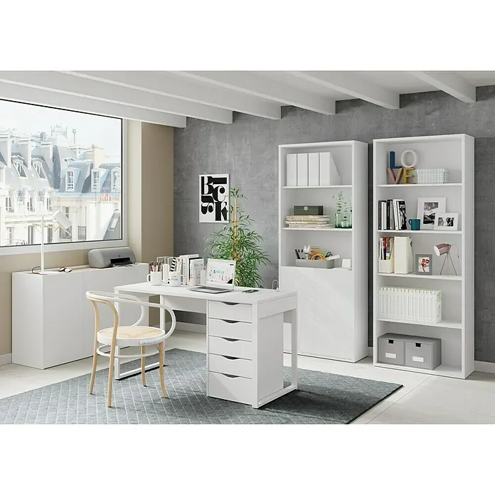Muebles Pitarch Eko Cajonera - L x An x Al: 43 x 40 x 71 cm, Número de cajones: 5 ud., Blanco - Elegante conjunto de oficina en casa blanco con escritorio, cajones, estante y librería para un estudio elegante.