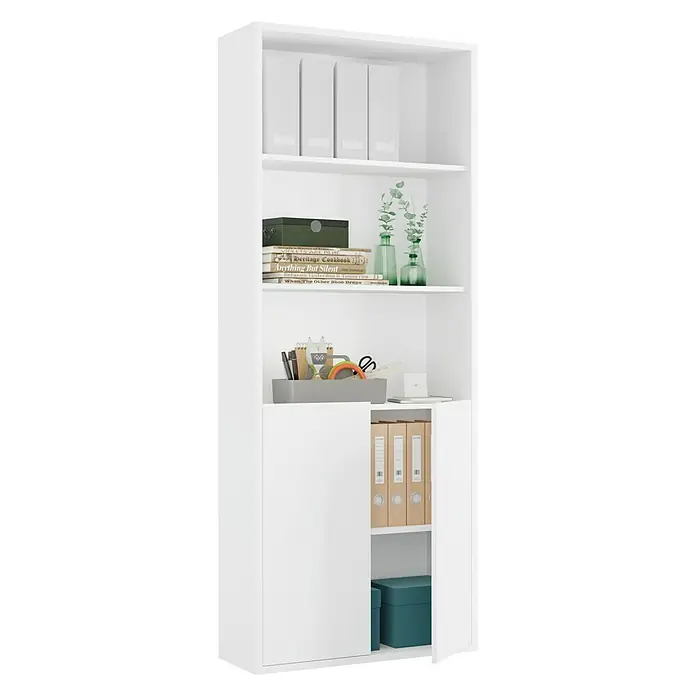 Muebles Pitarch Estantería de madera - Al x An x Pr: 196,5 x 75,5 x 33 cm, Número de baldas: 4 ud., Blanco, Número de puertas: 2 ud. - Una estantería blanca con áreas de estanterías y una sección de gabinete equipada con carpetas y cajas.