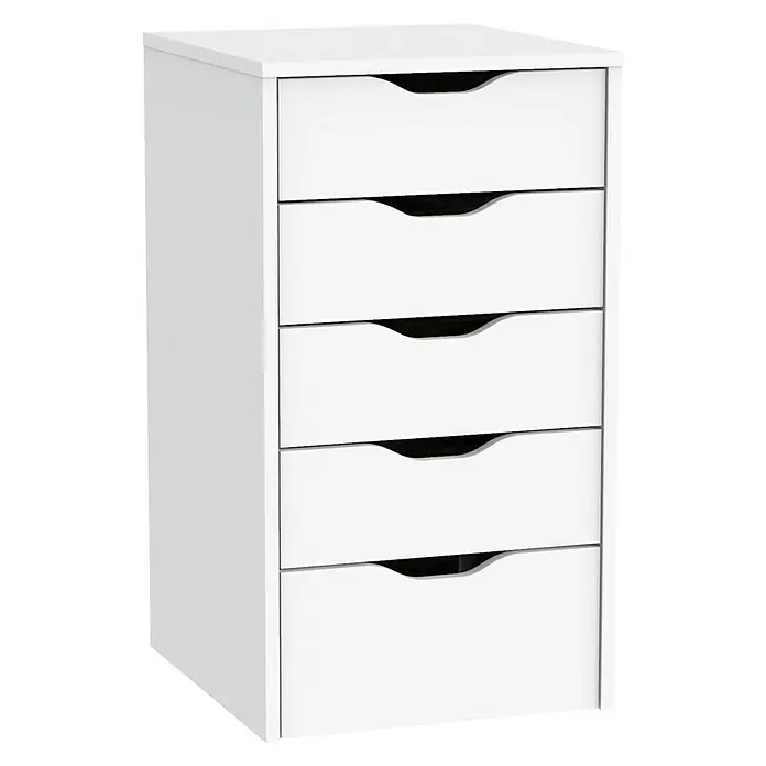 Muebles Pitarch Eko Cajonera - L x An x Al: 43 x 40 x 71 cm, Número de cajones: 5 ud., Blanco - Esta imagen muestra un gabinete de cajones blanco con cinco cajones con manijas recortadas para facilitar el acceso.