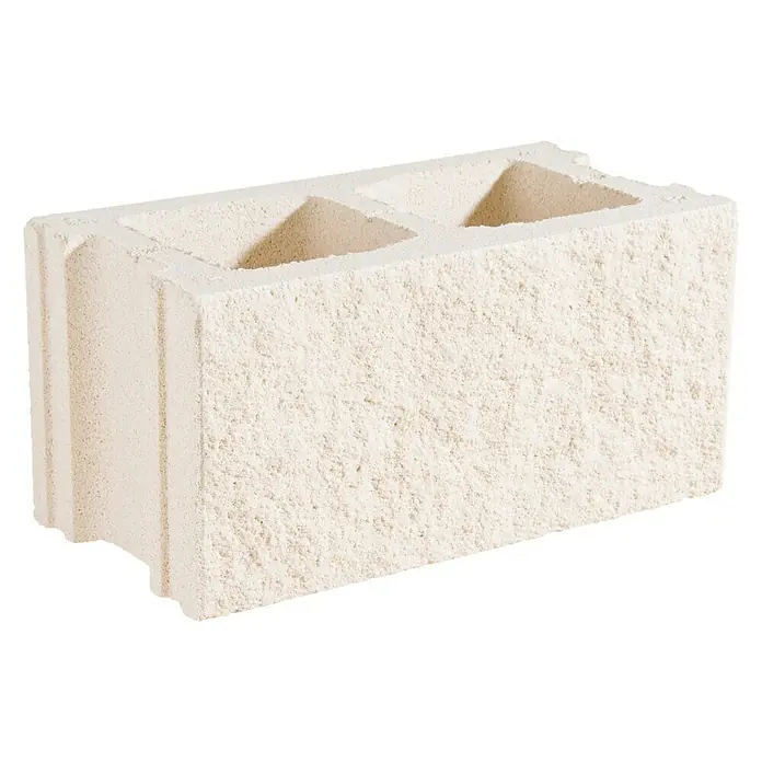 Bloque de hormigón poroso JM Split - 40 x 20 x 20 cm, Blanco - Primer plano de un bloque de hormigón beige hueco, utilizado para proyectos de construcción. El bloque presenta una textura robusta.
