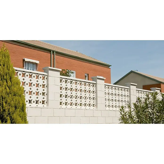 Cubremuros doble pendiente - 50 x 22 x 5 cm, Blanco, Hormigón - Valla de privacidad decorativa de hormigón blanco con patrones circulares, que mejora la estética residencial y ofrece aislamiento.
