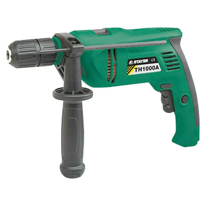 Stayer Taladro percutor TH1000AK - 1.000 W, Número de revoluciones de marcha en vacío 1ª marcha: 3.000 r.p.m., Número máx. de impactos: 44.800 /min - Taladro eléctrico verde Stayer TH1000A con mandril negro y mango auxiliar para un mejor control.